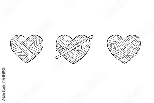 Hearts made of yarn with crochet hook highlighting the craft of knitting and crocheting