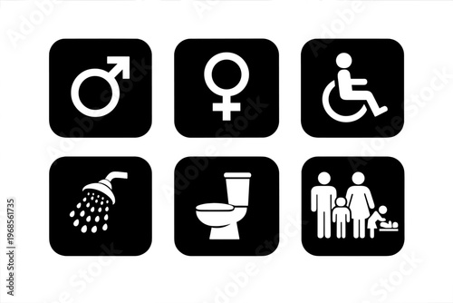 Signs showing male, female, wheelchair, shower, toilet, and family facilities in a public space for different users