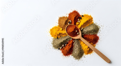 Vibrant spice collection a colorful array of seasonings on a wooden spoon