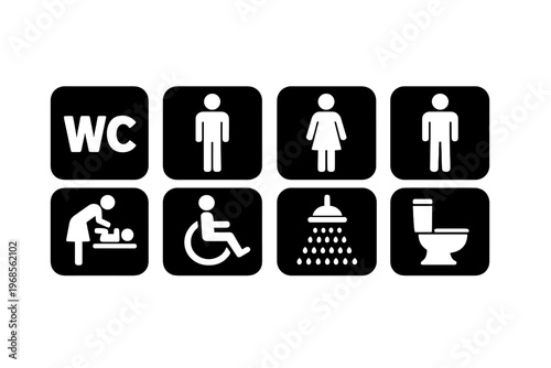 Signs for different facilities and services found in public restrooms in a modern building