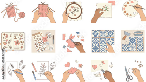 Collection of various hands engaged in creative hobbies and DIY crafts including knitting embroidery painting paper cutting and scrapbook flat vector