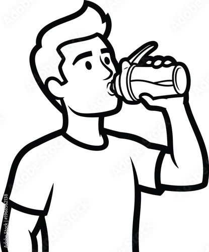 Young man hydrates himself by drinking from a protein shaker bottle after.