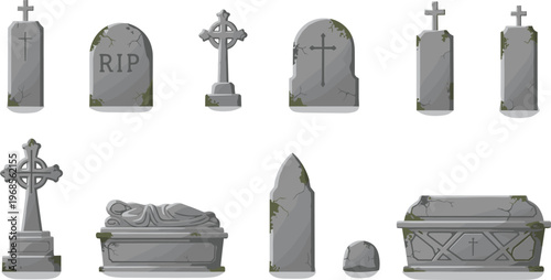 Collection of old stone gravestones and monuments with crosses and cracks for cemetery graveyard death and funeral concept flat vector
