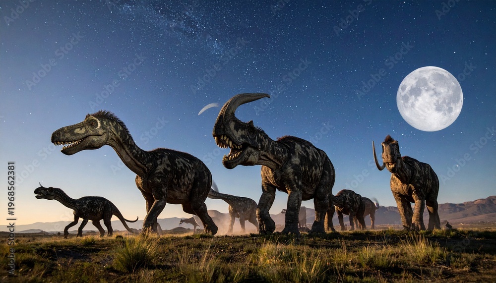 Fototapeta premium Dinosaur Herd Silhouetted Against a Moonlit Sky - A Prehistoric Journey.