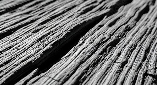 Abstract Black and White Close Up of Weathered Wood Texture with Deep Cracks and Grain Lines, High Contrast Natural Surface Background Showing Rough Detail and Organic Pattern for Design Use