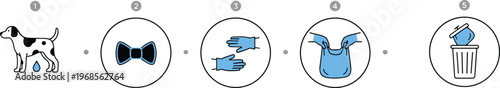 Infographic showing five steps of pet waste disposal and cleaning after dog including using gloves and trash bin flat vector