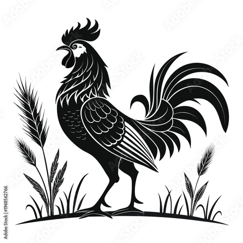 black rooster silhouette vector illustration on white background