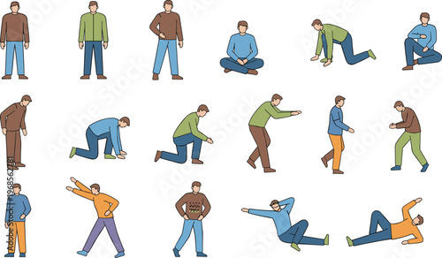 Collection of young man character in various poses and actions including standing sitting walking kneeling and lying down flat vector
