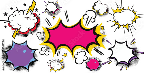 Comic Style Speech and Explosion Bubble Icon Set. Colorful Pop Art Clouds, Starbursts, Lightning, Dynamic Shapes for Cartoon, Graphic, and Creative Design Projects