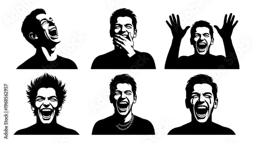 Stark black and white vector silhouettes of laughing men, expressive male faces with joyful emotions, set of 6 high contrast character portraits
