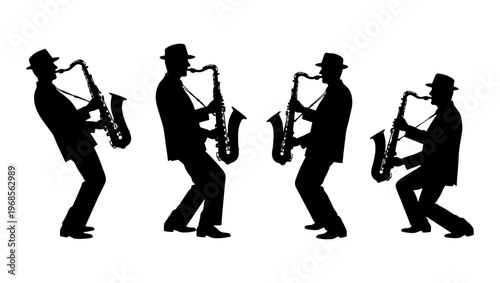 Jazz saxophone player silhouettes, set of four musician vector icons, black male saxophonist figures in hats, musical performance art