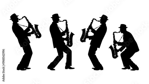 Jazz saxophone player silhouettes in various poses, black musician figures playing sax instrument, set of four male performer vector icons