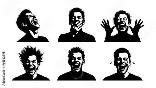 High contrast black and white portrait silhouettes of men laughing, set of 6 expressive male faces with joyful emotions, stencil style vector icons