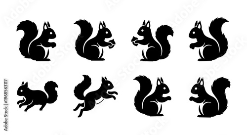 Squirrel silhouette vector icons set, 8 black squirrel animal shapes in various poses, minimalist wildlife rodent graphics for logos and nature branding