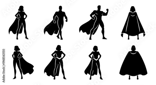 Superhero silhouette collection, set of 8 male and female hero figures with capes, black comic book character icons for power and leadership concepts