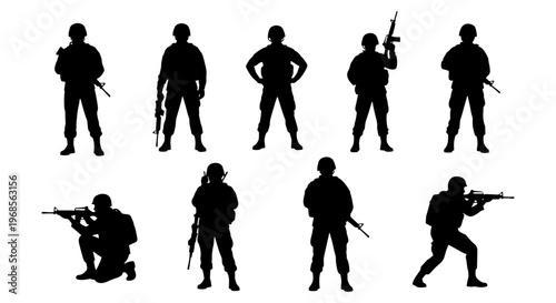 Military soldier silhouettes set, black army infantry vector icons, 9 armed special forces figures in tactical gear, combat troop silhouettes