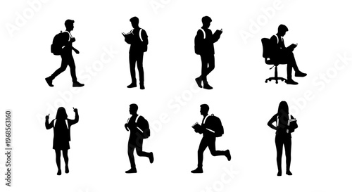 Student silhouette vector set, collection of 8 university students with backpacks, young people walking and studying silhouettes for education design