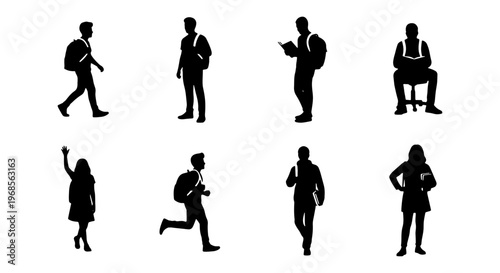 Student silhouettes set of 8 vector elements, school children with backpacks walking and standing, university students silhouettes for education design