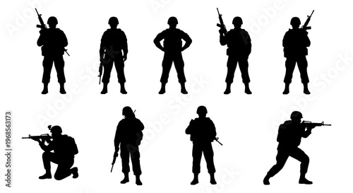 Military soldier silhouettes set, 9 armed infantry warrior vector elements, black army commando figures with rifles, tactical special forces icons