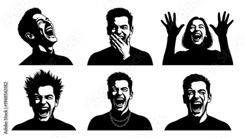 Black and white portrait silhouettes of people laughing, set of 6 vector illustrations showing expressive human emotions, joyful facial expressions