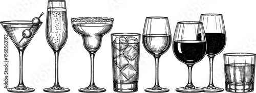 Hand-Drawn Cocktail and Wine Glasses Vector Set with Martini, Margarita, Wine, Whiskey, and Champagne Glasses for Bar, Beverage, and Party Designs