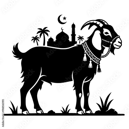 Eid Al Adha Goat Silhouette with Mosque Background Vector
