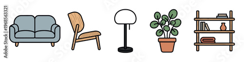 A collection of cartoon-style home furniture illustrations including a sofa, chair, lamp, potted plant, and bookshelf, perfect for interior design concepts.