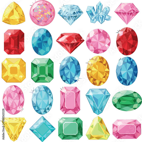 Colorful Gemstone Vector Set with Diamonds, Rubies, Emeralds, Sapphires, Amethysts, and More for Jewelry, Luxury, and Fashion Designs