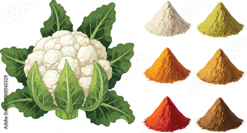 Fresh cauliflower vector illustration with colorful spice powder heaps including turmeric chili and cumin for healthy cooking recipes organic food seasoning and restaurant menus.