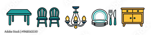 A collection of flat design icons representing a dining table, chairs, chandelier, plates, cutlery, and a cabinet, perfect for interior design or lifestyle concepts.