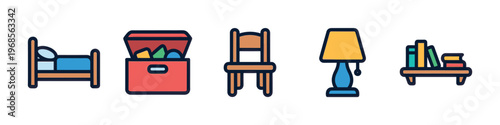 A set of five flat design cartoon icons representing a bed, toy chest, chair, lamp, and bookshelf, perfect for home and design concepts.
