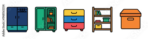 A collection of flat design icons representing different furniture pieces like wardrobes, dressers, and shelves, perfect for organization or interior design concepts.