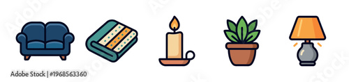 A collection of stylized icons representing home decor elements including a blue sofa, folded blankets, a lit candle, a potted plant, and a table lamp.