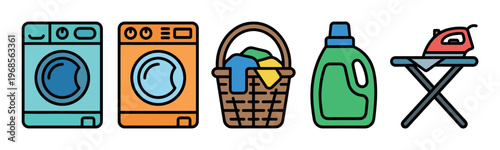 A colorful and flat design illustration of laundry items including washing machines, a basket of clothes, detergent, and an iron with ironing board.