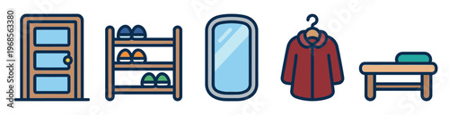 A set of flat design icons representing items commonly found in an entrance hall including a door, shoe rack, mirror, coat, and bench against a white background.
