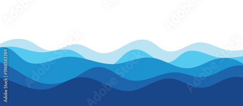 Abstract blue ocean waves background. Layered flowing water curves design. Modern minimal sea wave pattern. Smooth marine landscape illustration.