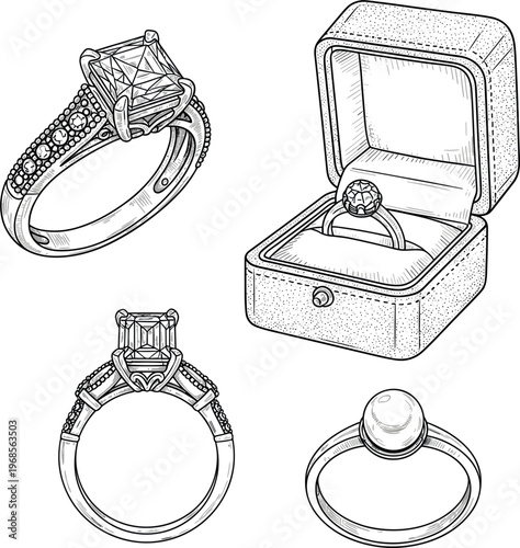 Hand-Drawn Engagement and Wedding Ring Vector Set with Diamond Rings, Ring Box, and Pearl Ring for Jewelry, Luxury, and Bridal Designs