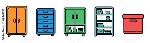 A set of brightly colored, stylized cartoon furniture and storage items, including a wardrobe, chest of drawers, bookshelf, and storage box, arranged on a white background.