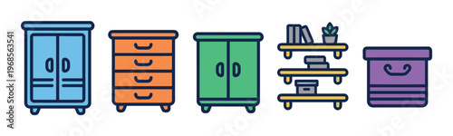 A collection of flat design icons featuring colorful furniture like a blue cabinet, orange dresser, and green wardrobe, alongside a yellow shelf with books and a plant, and a purple storage box.