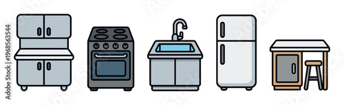 A flat design illustration of common kitchen appliances including a refrigerator, stove, sink, cabinet, and stool, useful for design and concepts.