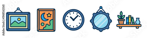 A collection of five cartoon-style icons featuring wall art, a clock, a mirror, and a shelf with books and plants on a white background.