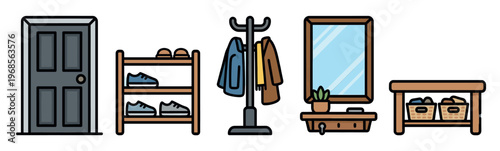 A minimalist vector illustration of a home hallway entrance with a door, shoe rack, coat stand, mirror, and table, featuring a clean, modern style and neutral colors.
