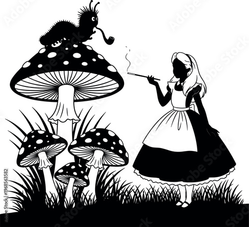 Alice in Wonderland Silhouette Vector Illustration with Caterpillar, Mushrooms, and Alice for Fantasy, Fairytale, and Literary Design Projects