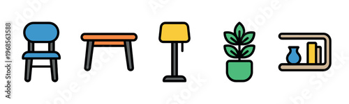 A collection of colorful flat design icons representing common household furniture and decor items, perfect for web or app design.