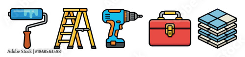 A collection of flat design icons representing home improvement tools like a paint roller, ladder, drill, toolbox, and tiles on a white background.