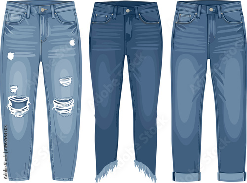 Denim Jeans Vector Set with Ripped, Frayed, and Casual Styles for Fashion, Clothing, and Apparel Design