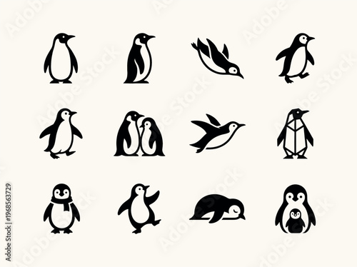 Collection of various black and white penguin illustrations in different poses and styles.