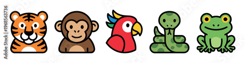 A collection of five cute, cartoonish jungle animals including a tiger, monkey, parrot, snake, and frog, all with simple outlines and vibrant colors.
