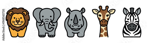 A vibrant collection of five stylized, cartoon safari animals including a lion, elephant, rhino, giraffe, and zebra, set against a clean white background.