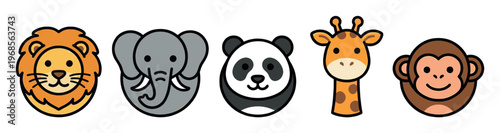 Five friendly cartoon animal faces including a lion, elephant, panda, giraffe, and monkey in a row against a white background.